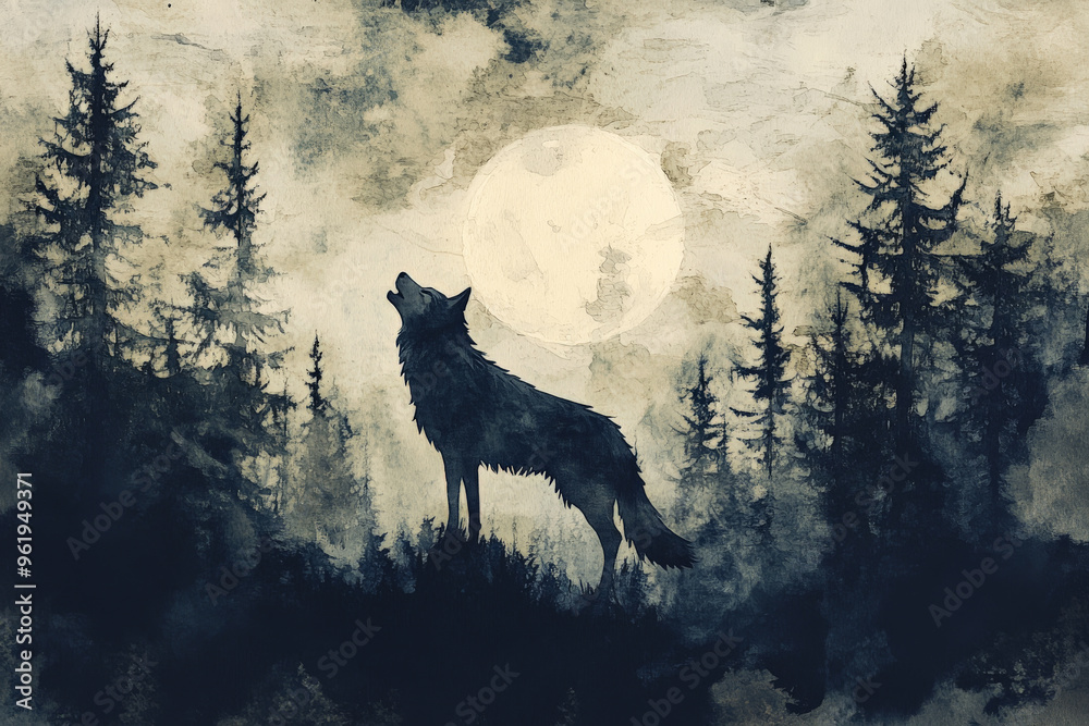 A lone wolf howling at the moon, its body blending into the outlines of a shadowy forest in twilight. A lone wolf howling at the moon, its body blending into the outlines of a shadowy forest in twilight.