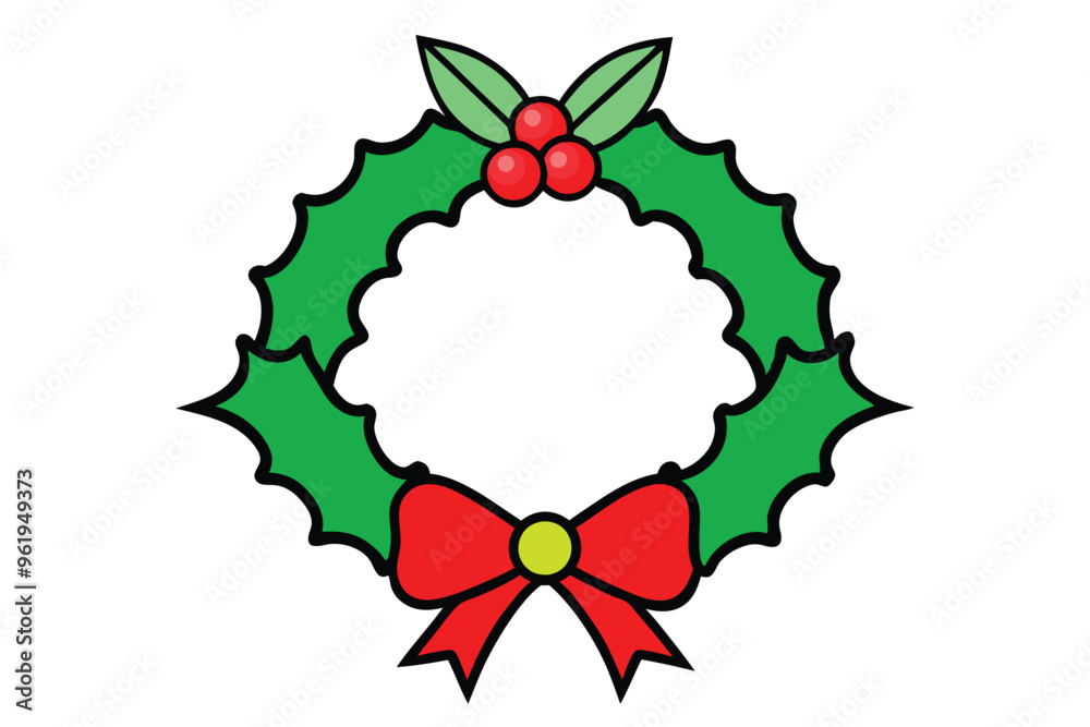 Christmas holly wreath with bow vector line art, clipart illustration with isolated on white background Christmas holly wreath with bow vector line art, clipart illustration with isolated on white background
