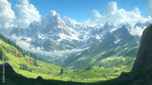 Majestic mountain range with snow-capped peaks, green valleys, and a small village nestled within.