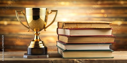 A stack of books with a golden cup trophy and medal background, study, education, achievement, winner, success, knowledge photo