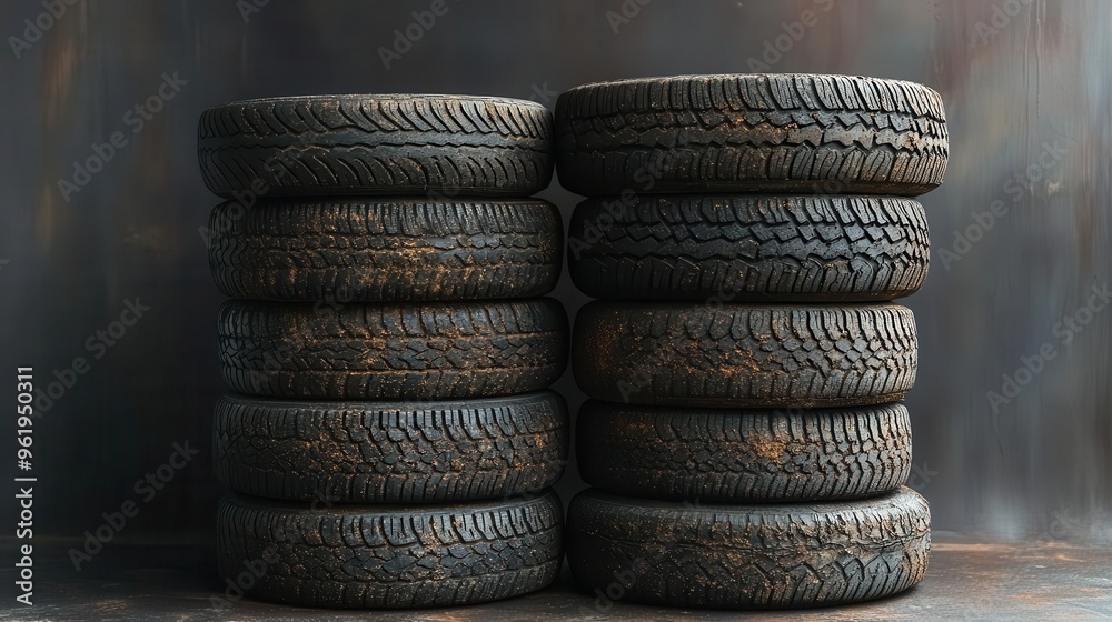 dramatic still life of weathered car tires stacked against a textured ashgray background harsh lighting accentuates the rubber treads creating a gritty industrial atmosphere dramatic still life of weathered car tires stacked against a textured ashgray background harsh lighting accentuates the rubber treads creating a gritty industrial atmosphere