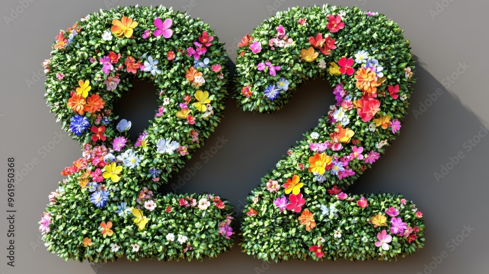 Illustration is a number, green bush with pastel flowers on a white background. Cute style used in media design. It is a graphic image to help in design. Illustration is a number, green bush with pastel flowers on a white background. Cute style used in media design. It is a graphic image to help in design.