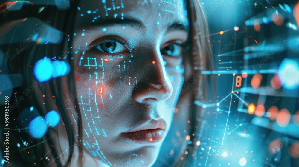 Young woman with a futuristic cyber hologram on her face. AI generated images Young woman with a futuristic cyber hologram on her face. AI generated images