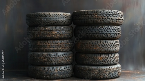 dramatic still life of weathered car tires stacked against a textured ashgray background harsh lighting accentuates the rubber treads creating a gritty industrial atmosphere photo