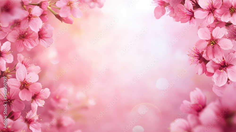 Cherry Blossom Frame. Blank Background with Bright Bokeh Effect and Brilliant Pink Blossoms Cherry Blossom Frame. Blank Background with Bright Bokeh Effect and Brilliant Pink Blossoms