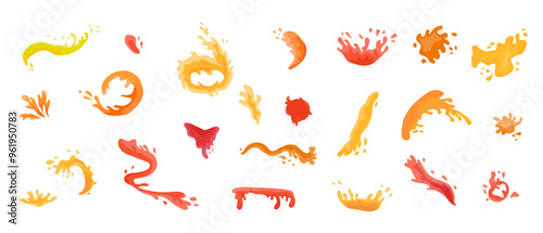 Juice splatter splashes elements set. Can used for liquid product, drinks for wrapping paper. Juice or cocktail drops, splash collection.
