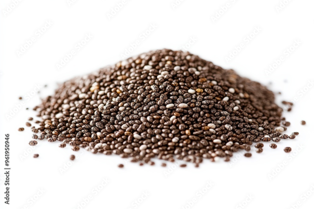 Chia Seeds Pile on White Background with Copy Space. Healthy Food Concept Chia Seeds Pile on White Background with Copy Space. Healthy Food Concept