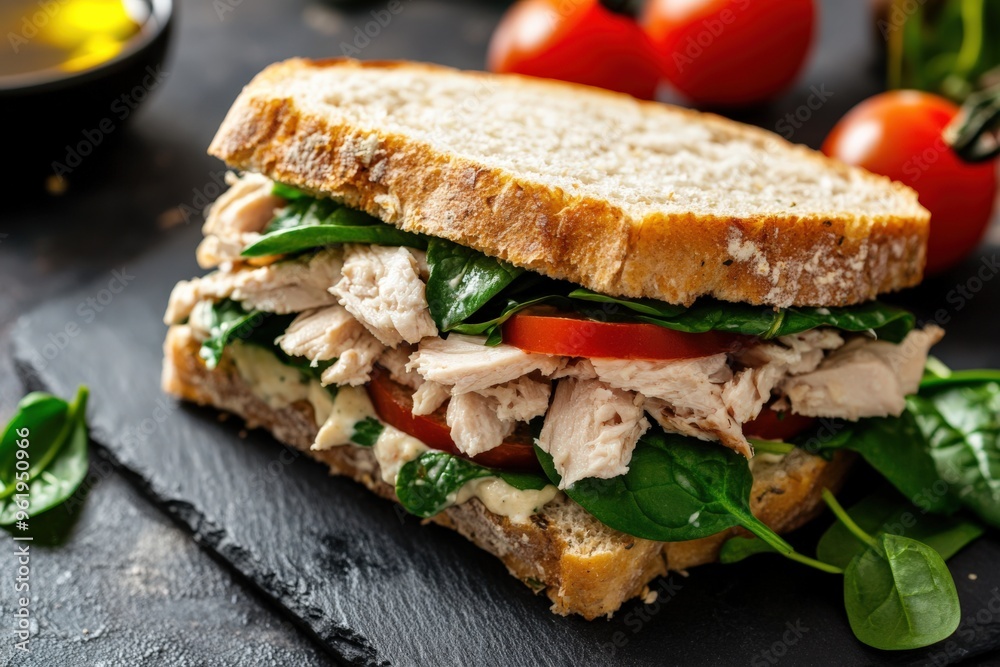 Chicken Salad Sandwich with Spinach and Tomato. Served with Olive Oil Dressing Chicken Salad Sandwich with Spinach and Tomato. Served with Olive Oil Dressing