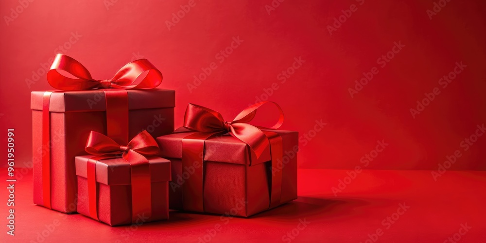 Obraz premium red gift boxes with matching red ribbons on a vibrant red background , gift boxes, red,ribbons, vibrant, background