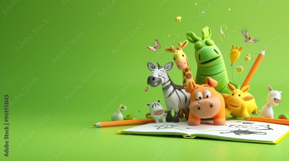 Fototapeta premium A group of adorable 3D cartoon animals, including a zebra, giraffe, and hippo, gather around an open coloring book on a vibrant green background. The scene exudes creativity and playfulness, perfect