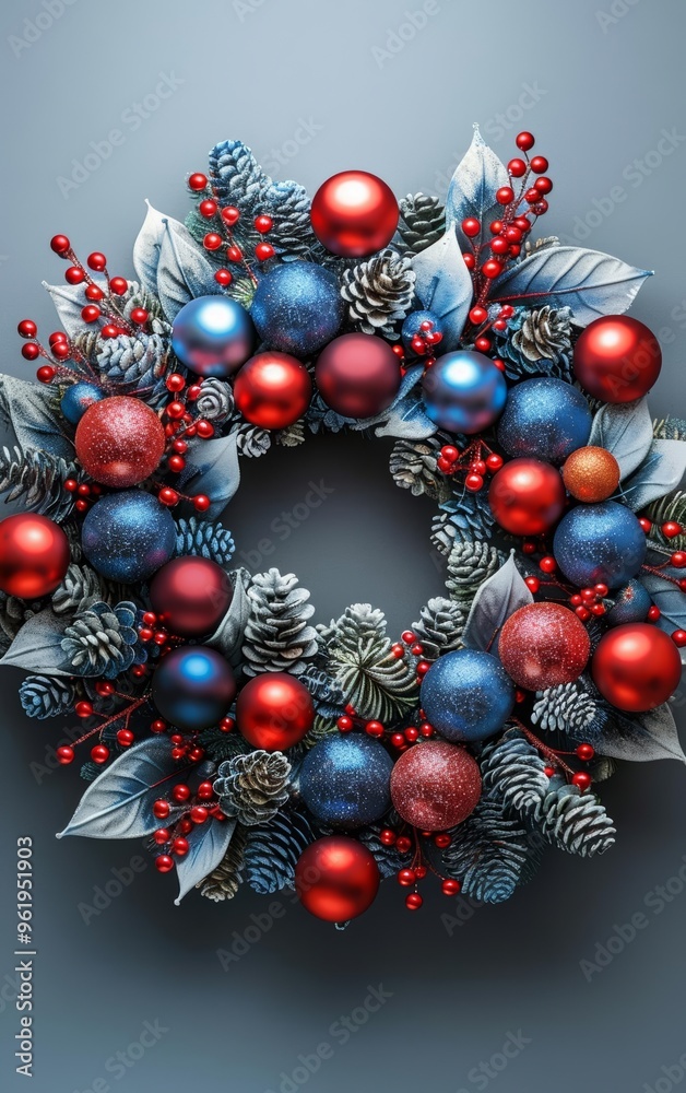 Glittering 3D Christmas Wreath Adorned with Baubles Hanging Festively in a Cozy Home Setting During the Holiday Season, Creating a Warm and Inviting Atmosphere Glittering 3D Christmas Wreath Adorned with Baubles Hanging Festively in a Cozy Home Setting During the Holiday Season, Creating a Warm and Inviting Atmosphere