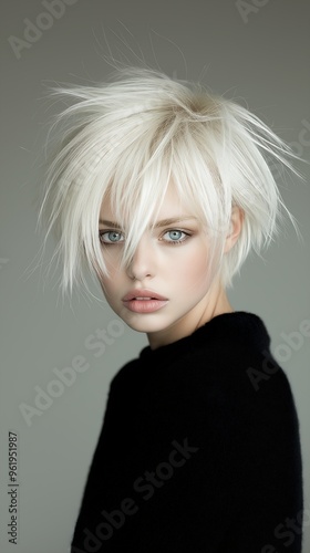 closeup woman short white hair mixed techniques city blonde abstract powder