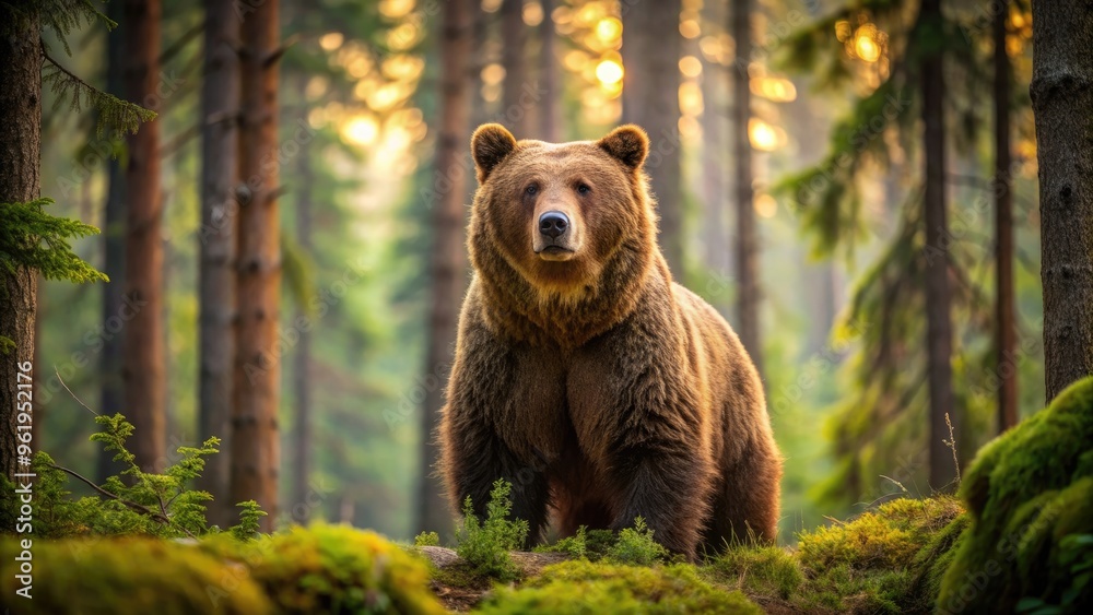Fototapeta premium Large brown bear standing in the forest , wildlife, animal, bear, nature, wilderness, mammal, brown, fur, forest
