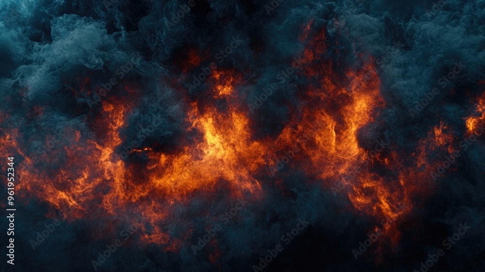 Fototapeta premium Intense smoke and fiery flames on a dark backdrop, evoking heat and power with space for text