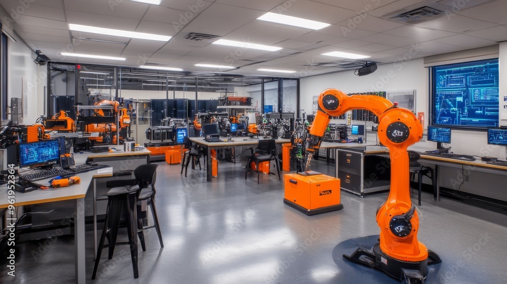 Robotics Lab with Orange Robot Arm. Robotics Lab with Orange Robot Arm.