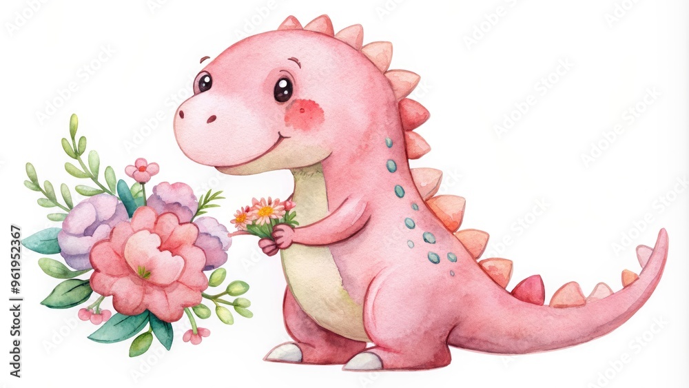 Watercolor of a cute pink dinosaur holding a flower bouquet, watercolor,cute, pink, dinosaur, flower, bouquet, prehistoric Watercolor of a cute pink dinosaur holding a flower bouquet, watercolor,cute, pink, dinosaur, flower, bouquet, prehistoric