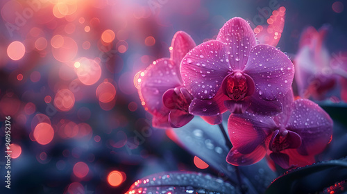 Pink Orchid Flower with Dew Drops and Bokeh Illustration