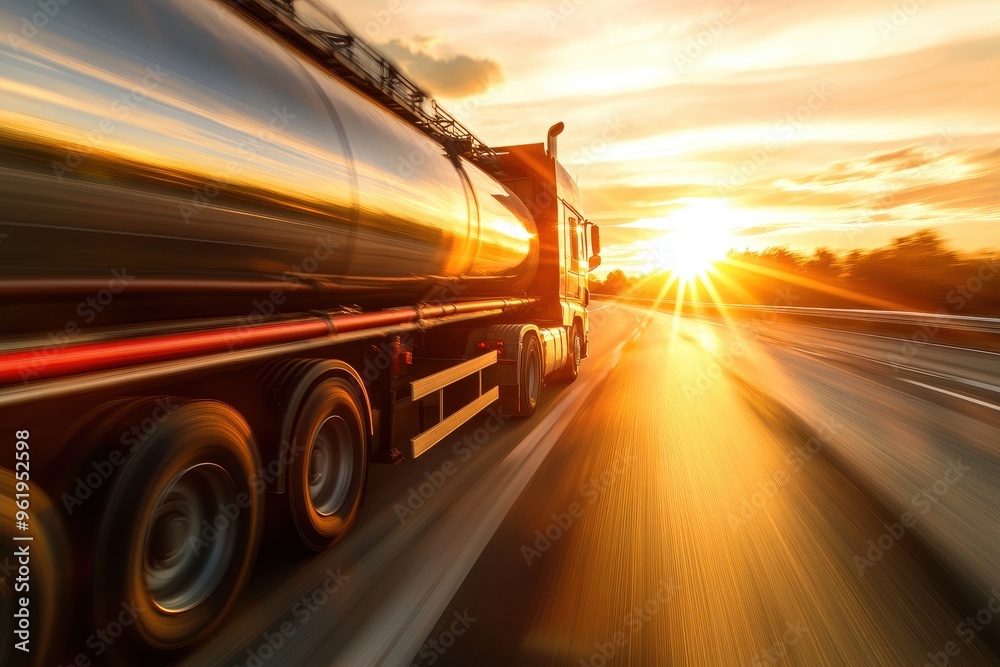 Tank truck moving blur on highway toward sunset Tank truck moving blur on highway toward sunset
