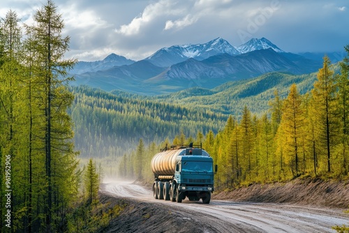 Tanker truck delivering fuel in remote forested region in Magadan Oblast Far East Russia photo