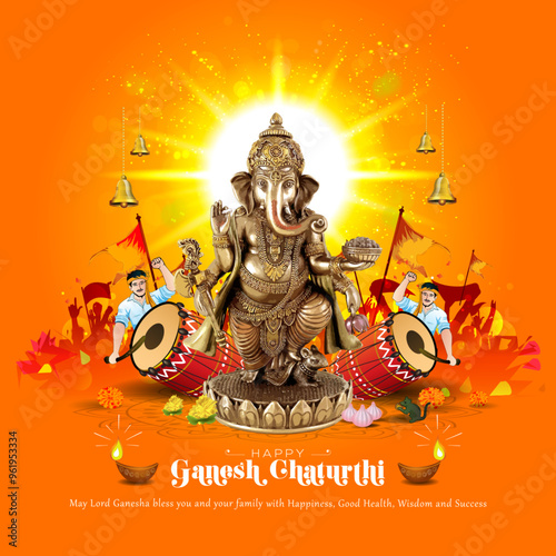 India maharashtra karnataka people cheering and celebrating ganesh chaturthi festival. Lord ganesha ganpati and festive red background. Vector illustration