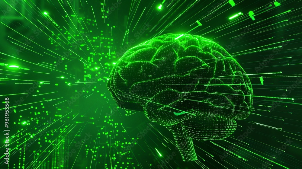 A 3D digital brain glows in a vivid green hue, surrounded by dynamic data streams that explode outward. The image represents the rapid advancement of AI and technology, filled with energy and