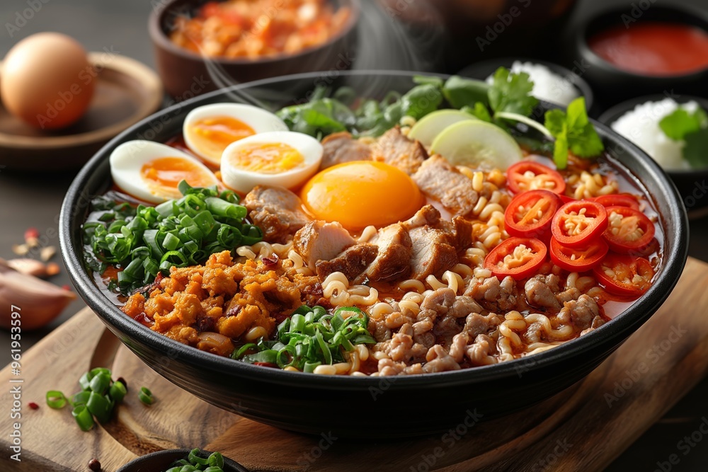 A bowl of hot and sour noodles with very rich ingredients A bowl of hot and sour noodles with very rich ingredients
