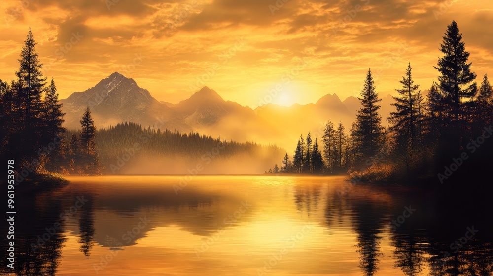 Fototapeta premium A breathtaking sunset over a serene lake, surrounded by majestic mountains and lush forests, creating a tranquil atmosphere.