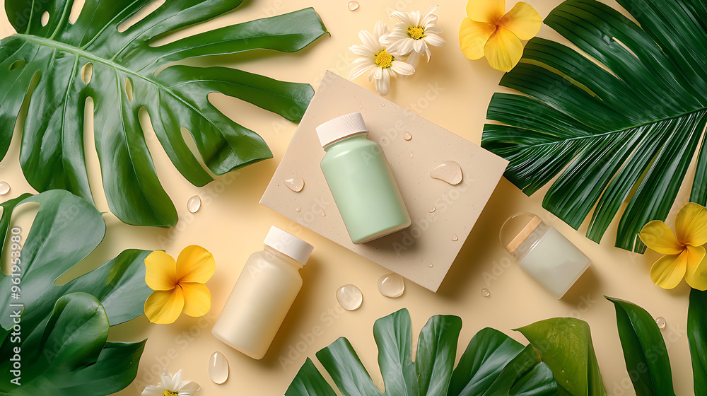 Natural skincare products with palm leaves, water drops Natural skincare products with palm leaves, water drops