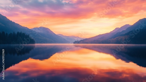 A breathtaking sunset over a tranquil lake, surrounded by majestic mountains reflecting vibrant colors in the water.