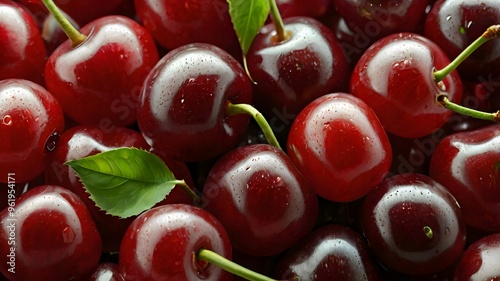 Wallpaper Mural Juicy shiny cherries with bright red color and green stems Torontodigital.ca