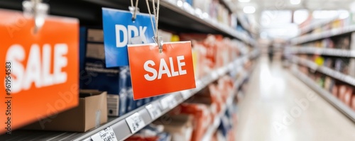 Colorful sale signs hang in a retail aisle, showcasing discounts and attracting shoppers' attention in a vibrant shopping environment.