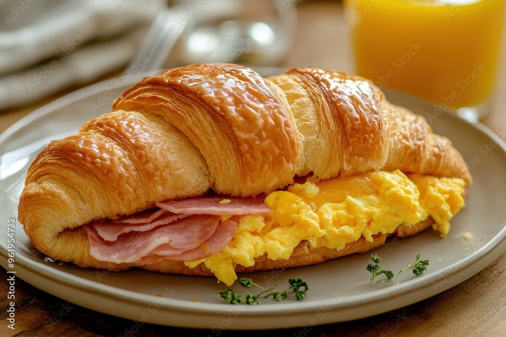 Tasty croissant sandwich with ham cheese eggs on plate and glass of orange juice Tasty croissant sandwich with ham cheese eggs on plate and glass of orange juice
