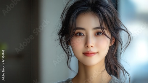 elegant simplicity 30yearold korean woman in understated attire against neutral backdrop soft lighting emphasizes natural beauty and quiet confidence photo