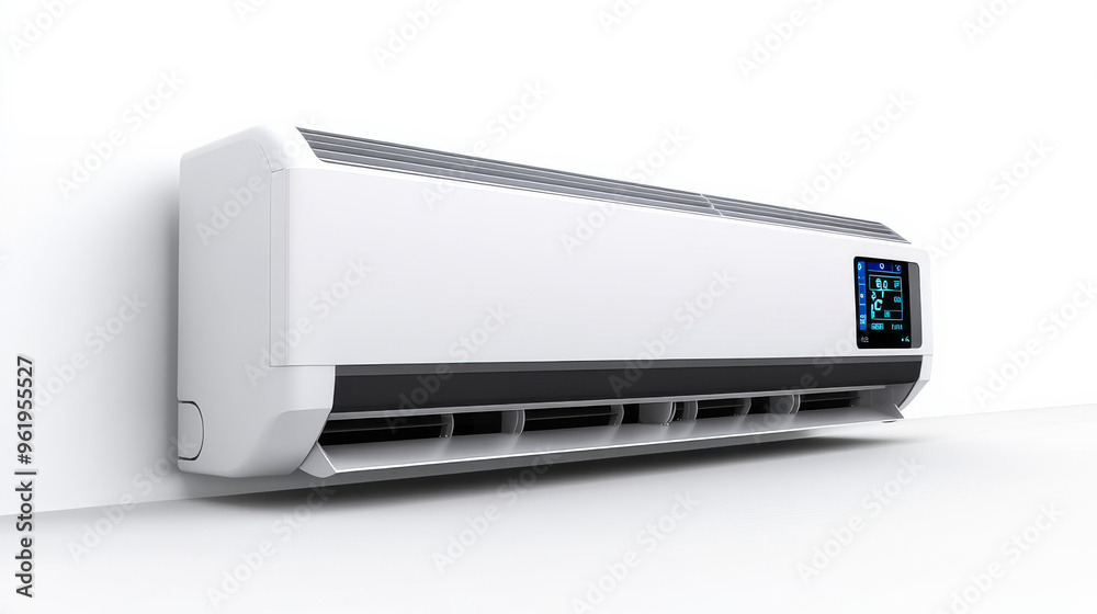 Modern Air Conditioner Unit on White Wall. Modern Air Conditioner Unit on White Wall.