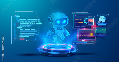 3D illustration of a futuristic robot surrounded by digital interfaces and data visualizations, representing technology and artificial intelligence. Design captures the essence of modern innovation.