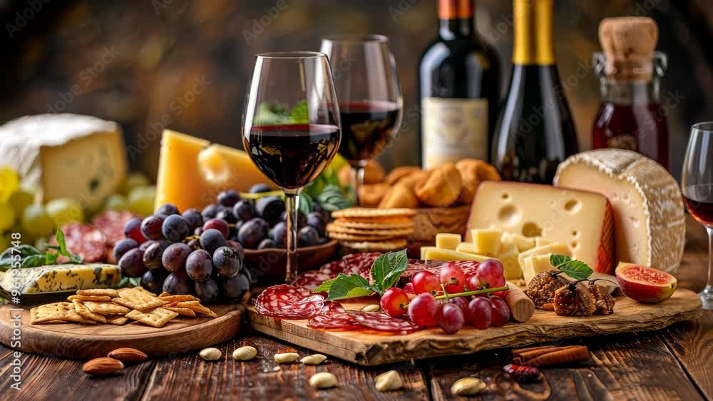 Delicious assortment of snacks served with wine at a cozy gathering Delicious assortment of snacks served with wine at a cozy gathering