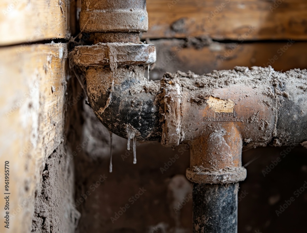 Close-up photo of an old water pipe dripping inside the wall damaged wood on top of it, focus on the pipe and debris, and dirty brown walls. Generative AI Close-up photo of an old water pipe dripping inside the wall damaged wood on top of it, focus on the pipe and debris, and dirty brown walls. Generative AI