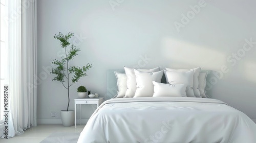 A white bedroom with a white bed, a plant, and a white nightstand.