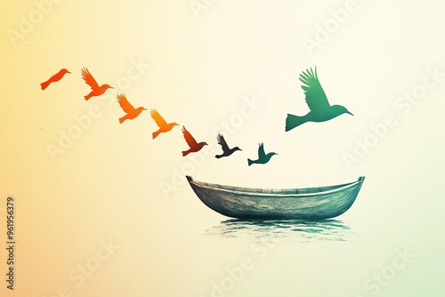 Boat evolving into a soaring bird, symbolizing leadership training, progress, and the achievement of creative aspirations