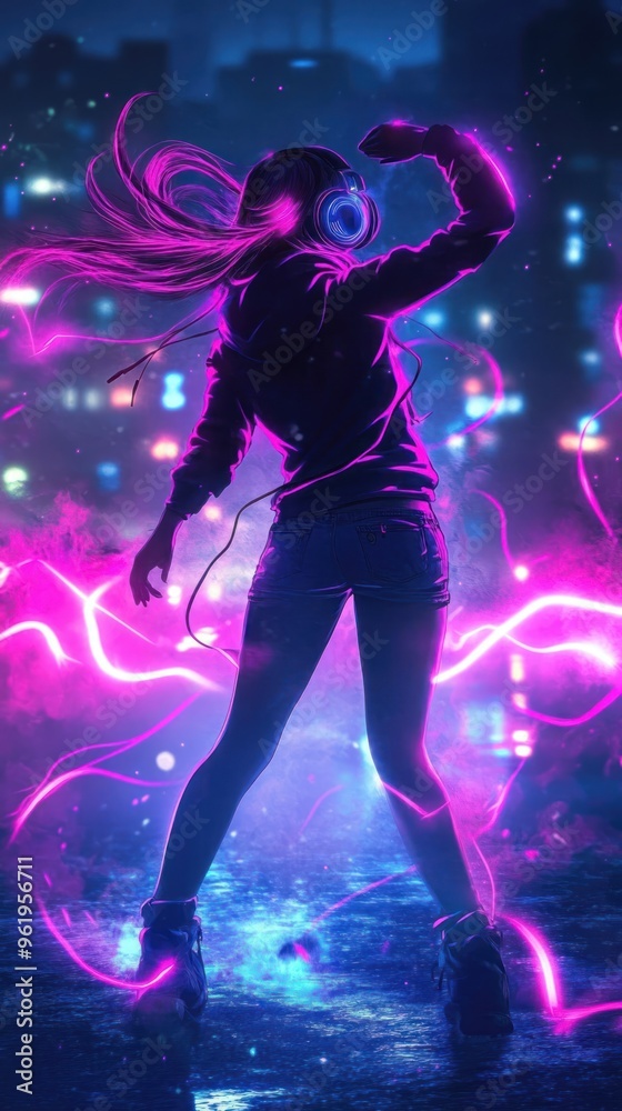 Powerful pose of a neon lit figure in the city Powerful pose of a neon lit figure in the city