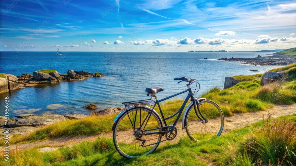 Fototapeta premium Bicycle parked against the sea on the beautiful island of Batz , transportation, bike, sea, island, leisure, travel