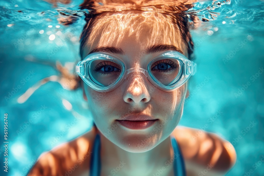 Naklejka premium Underwater image of woman in swimsuit and goggles practicing in pool