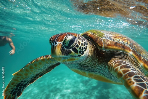 Underwater shot of green sea turtle in Hawaii close up on back flippers with snorkeler s arm photo