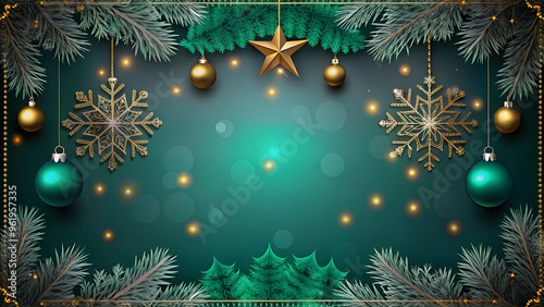 Elegant golden snowflakes and Christmas ornaments on teal background with copy space