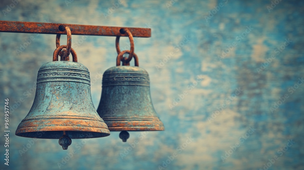 Obraz premium Two aged metal bells hanging on a rustic frame against a textured blue background.