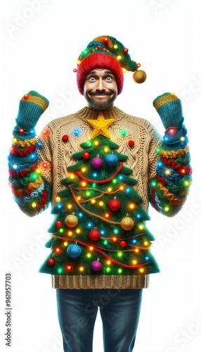 Cheerful Man Wearing a Creative Christmas Sweater with Ornaments and Star