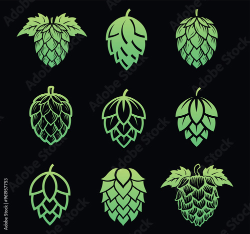 Set of different hop flowers. Green silhouette of hops for beer logo. Hops icon on a dark background
