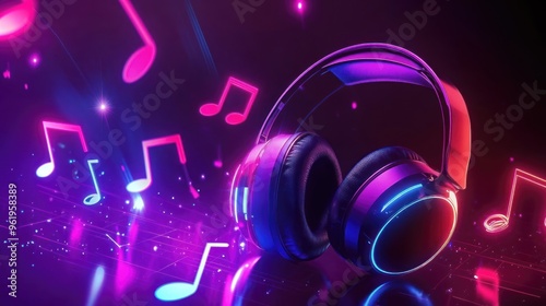 Colorful neon headphones with floating musical symbols .