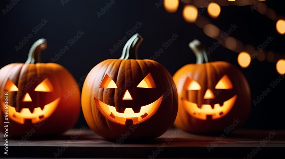 Fototapeta premium row smiling jack lantern pumpkins halloween