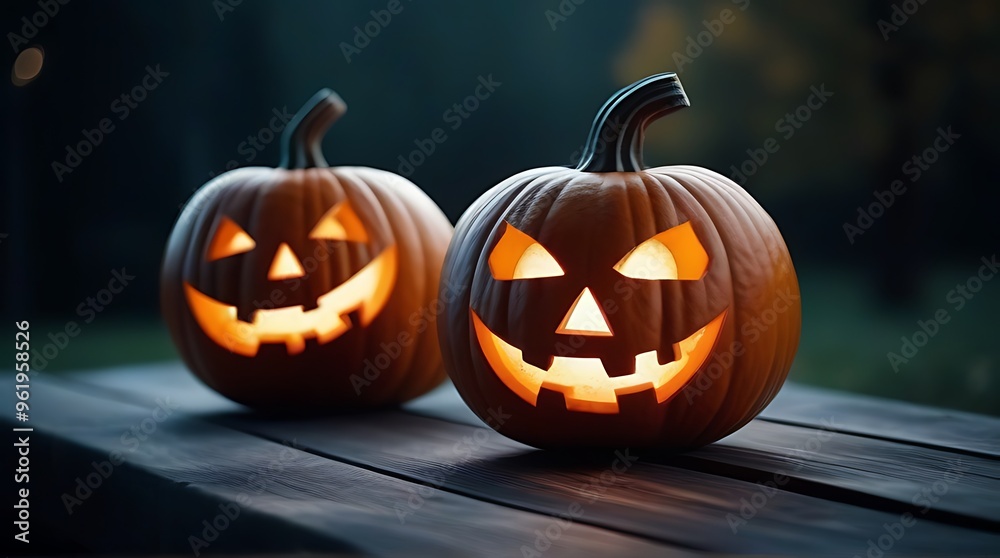 Fototapeta premium scary halloween pumpkins wooden planks